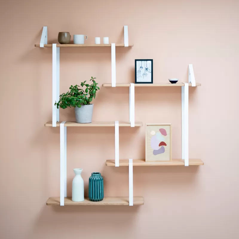 Kit d’étagères murales modulables avec tablettes en bois de châtaignier - Blanc brillant - 5 étagères