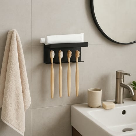 Porte brosses à dents en acier - 4 fentes - Tablette 13 × 6 cm, fixation adhésive - Noir mat