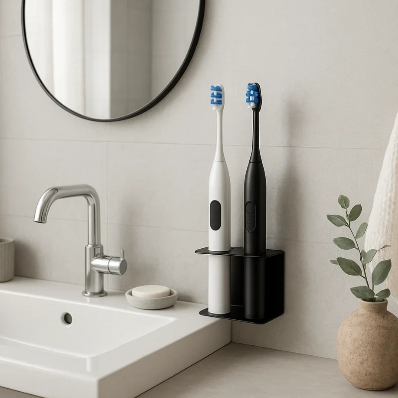 Porte brosses à dents électriques mural en acier galvanisé thermolaqué, fixé au mur sans perçage - Noir mat fine texture