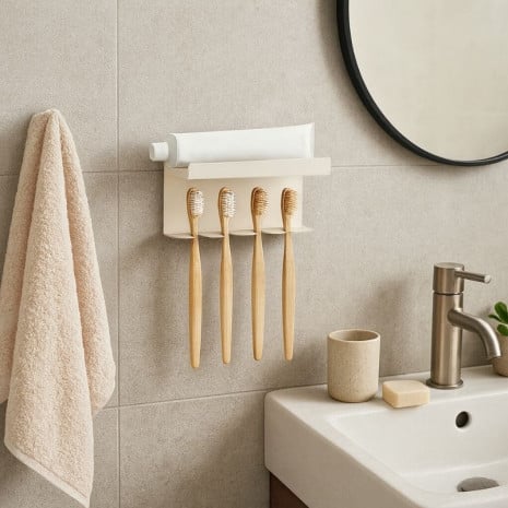 Porte brosses à dents en acier - 4 fentes - Tablette 13 × 6 cm, fixation adhésive - Noir mat