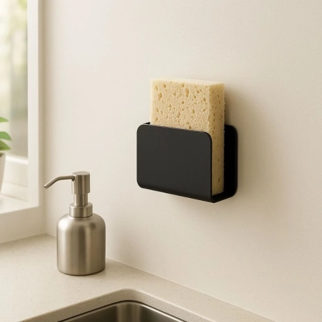 Porte éponge mural en acier galvanisé thermolaqué, 13 × 3,5 cm, fixation adhésive – Noir mat fine texture