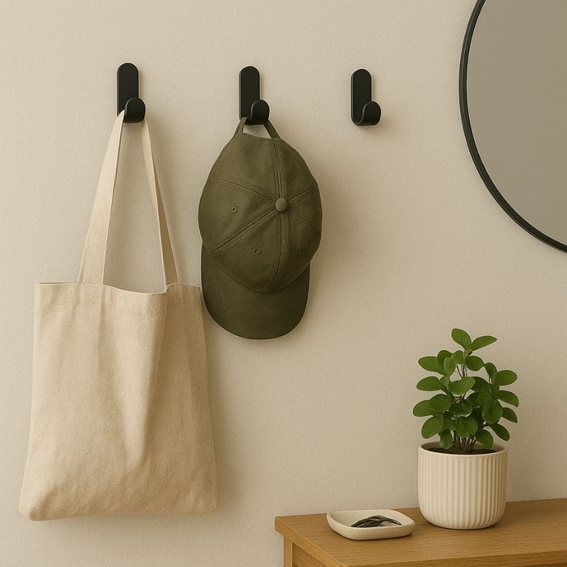 Patères murales noires fixées au mur sans perçage, servant de porte-manteau, porte-sac et porte-accessoires dans une entrée