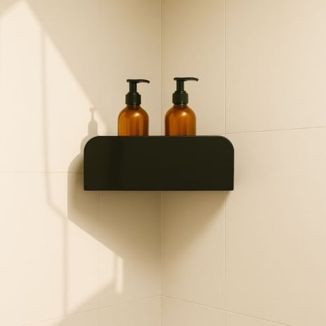 Étagère d'angle de douche en acier plié à fixation adhésive sans perçage – 30 × 13 cm – Noir mat