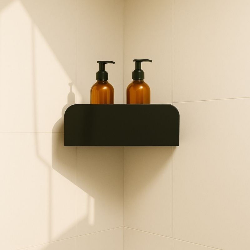 Étagère d'angle de douche en acier plié à fixation adhésive sans perçage – 30 × 13 cm – Noir mat