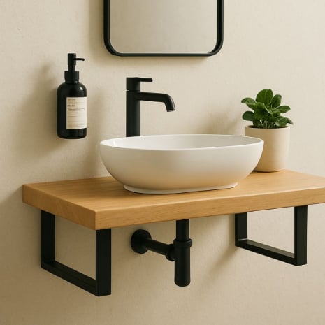 Vasque suspendue posée sur un plan bois, fixé au mur par deux supports de vasque muraux en acier noir.