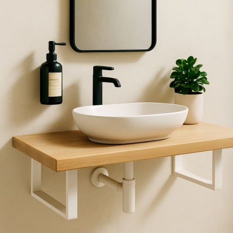 Vasque suspendue posée sur un plan bois, fixé au mur par deux supports de vasque muraux en acier noir.