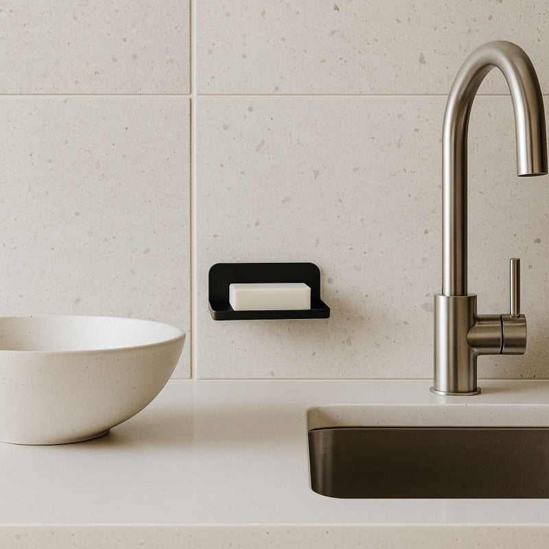 Porte savon mural design en acier plié – Fentes de drainage – Fixation adhésive - Noir mat fine texture