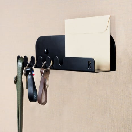 Étagère murale porte-clés de 30 × 5,8 cm avec crochets - Noir mat fine texture
