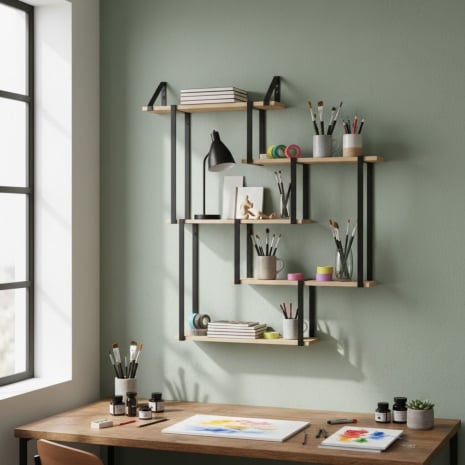 Kit d’étagères murales modulables avec tablettes en bois de châtaignier - Blanc brillant - 5 étagères