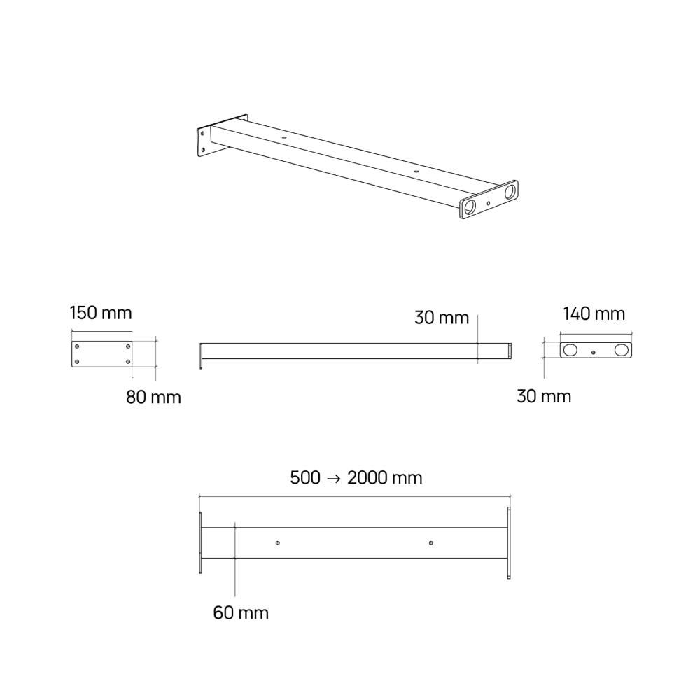 60×30 mm powder-coated tubular steel worktop crosspiece, configurable from 50 to 200 cm - Dimensions - Technical drawing