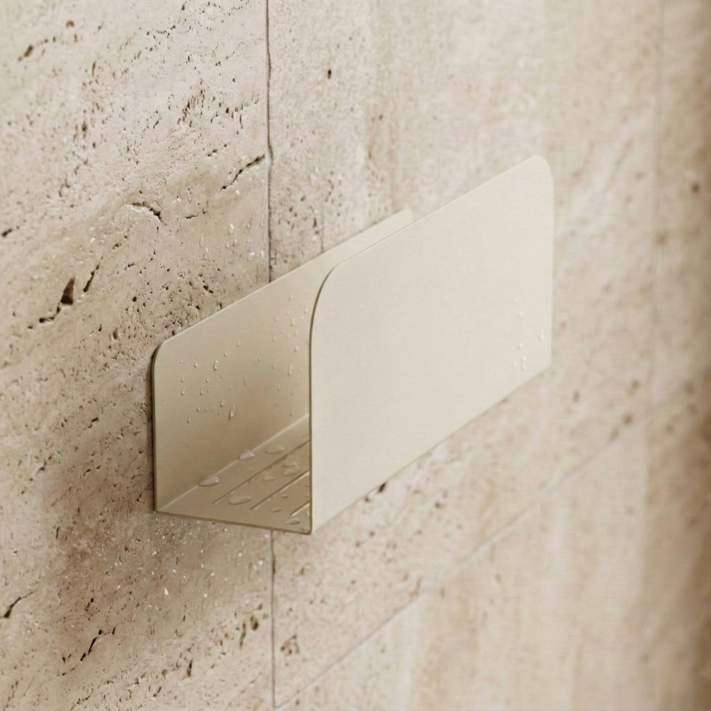 Adhesive-backed, no-drill folded steel shower shelf – 30 × 8 cm – Cream white