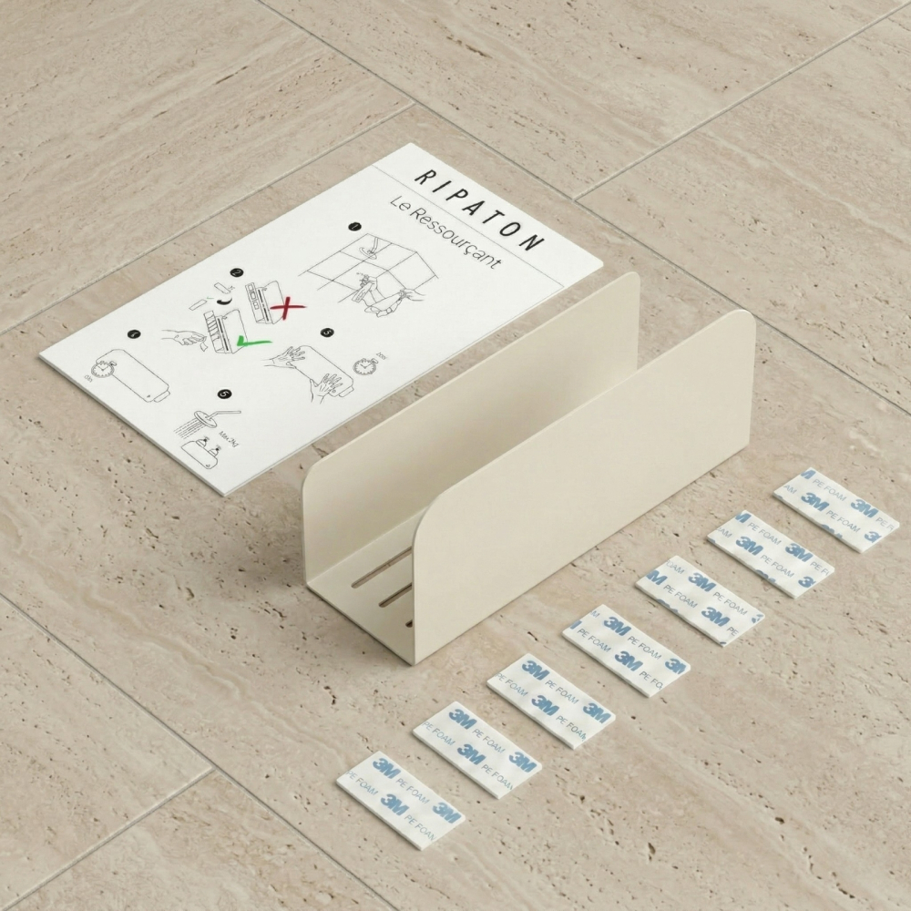 Étagère de douche en acier plié à fixation adhésive sans perçage - 30 × 8 cm - Crème - Notice de montage - Bandes adhésives