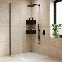 Set van 2 hoekplanken voor de douche van gevouwen staal, met zelfklevende bevestiging zonder boren – 30 × 13 cm – Matzwart