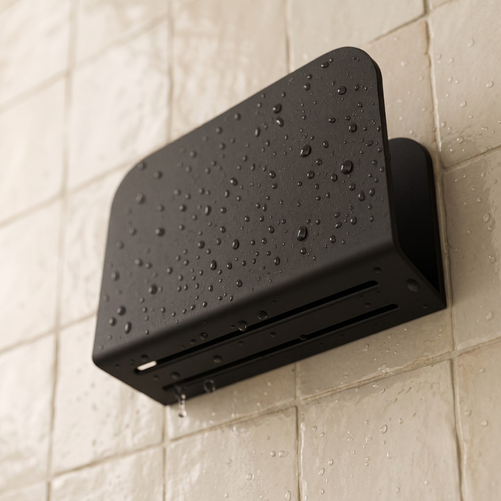 Powder-coated galvanized steel sponge holder, 13 × 3.5 cm, drainage slots, adhesive backing – Matte black with a fine texture