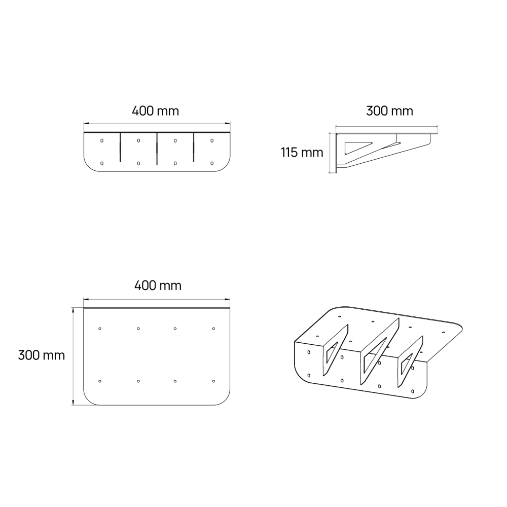 Werkbladverlenging van matzwart gepoedercoat staal - Afmetingen - Technische tekening
