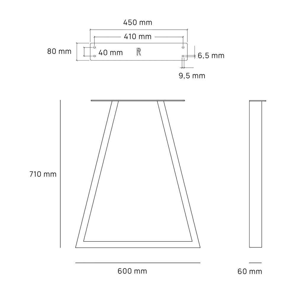 Pied de table en trapèze de hauteur 71 cm - Dimensions - Dessin technique