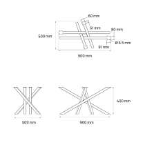 Mikado off-center coffee table base made of square steel tubing, 40 cm high - Dimensions - Technical drawing