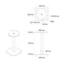 Square steel tube bistro table leg for restaurants - Height 71 cm - Dimensions - Technical drawing
