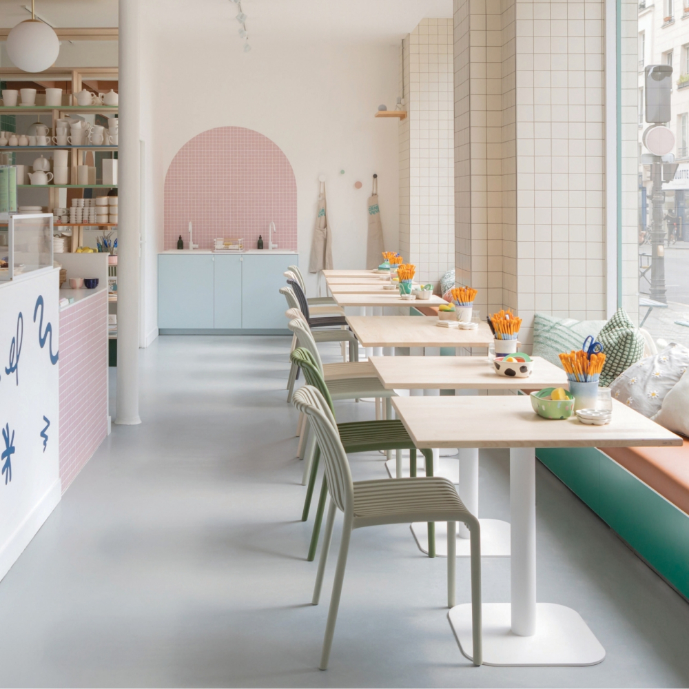 Bistrotafelpoot van vierkante stalen buis - Hoogte 71 cm - Glanzend wit - Céramicafé Geneviève - Café en atelier