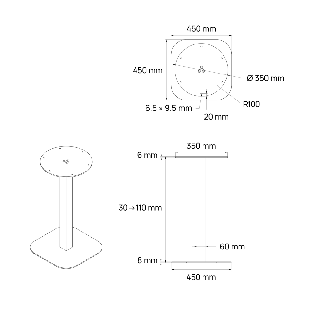 Central bistro table leg with steel tubing and square base, adjustable height from 30 to 110 cm - Dimensions - Technical drawing