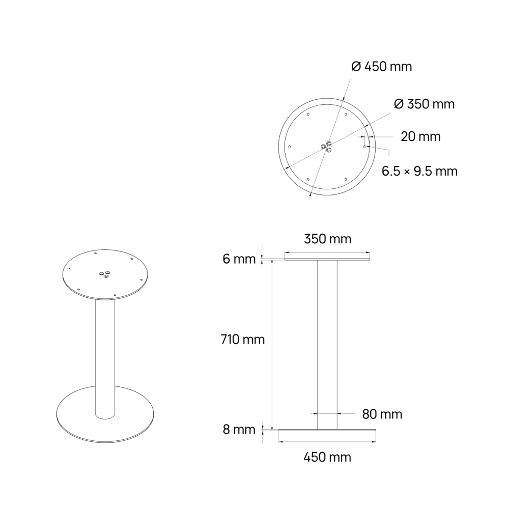 Centrale bistrotafelpoot van rond stalen buis 8 cm, hoogte 71 cm - Afmetingen - Technische tekening
