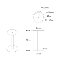 Centrale bistrotafelpoot van rond stalen buis 8 cm, hoogte 71 cm - Afmetingen - Technische tekening