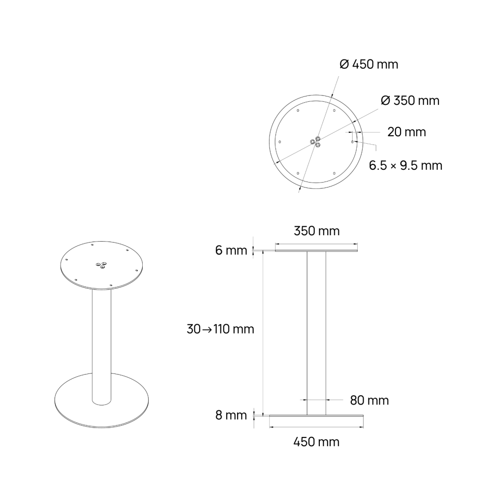 Zentrales Bistro-Tischgestell aus rundem Stahlrohr (8 cm), Höhe einstellbar von 30 bis 110 cm – Abmessungen – Technische Zeichnu