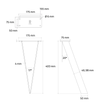 Pied de table basse fuselé en acier plat fin 5 × 0,4 cm, hauteur 40 cm - Dimensions - Dessin technique