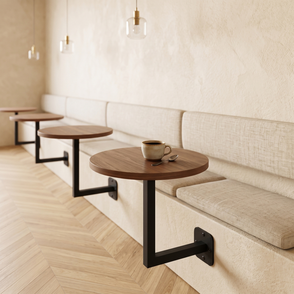 Le Bistrot                                                                                                                                                                                  Wall-mounted L-bracket for a floating cafe table in square steel tubes 4 × 4 cm