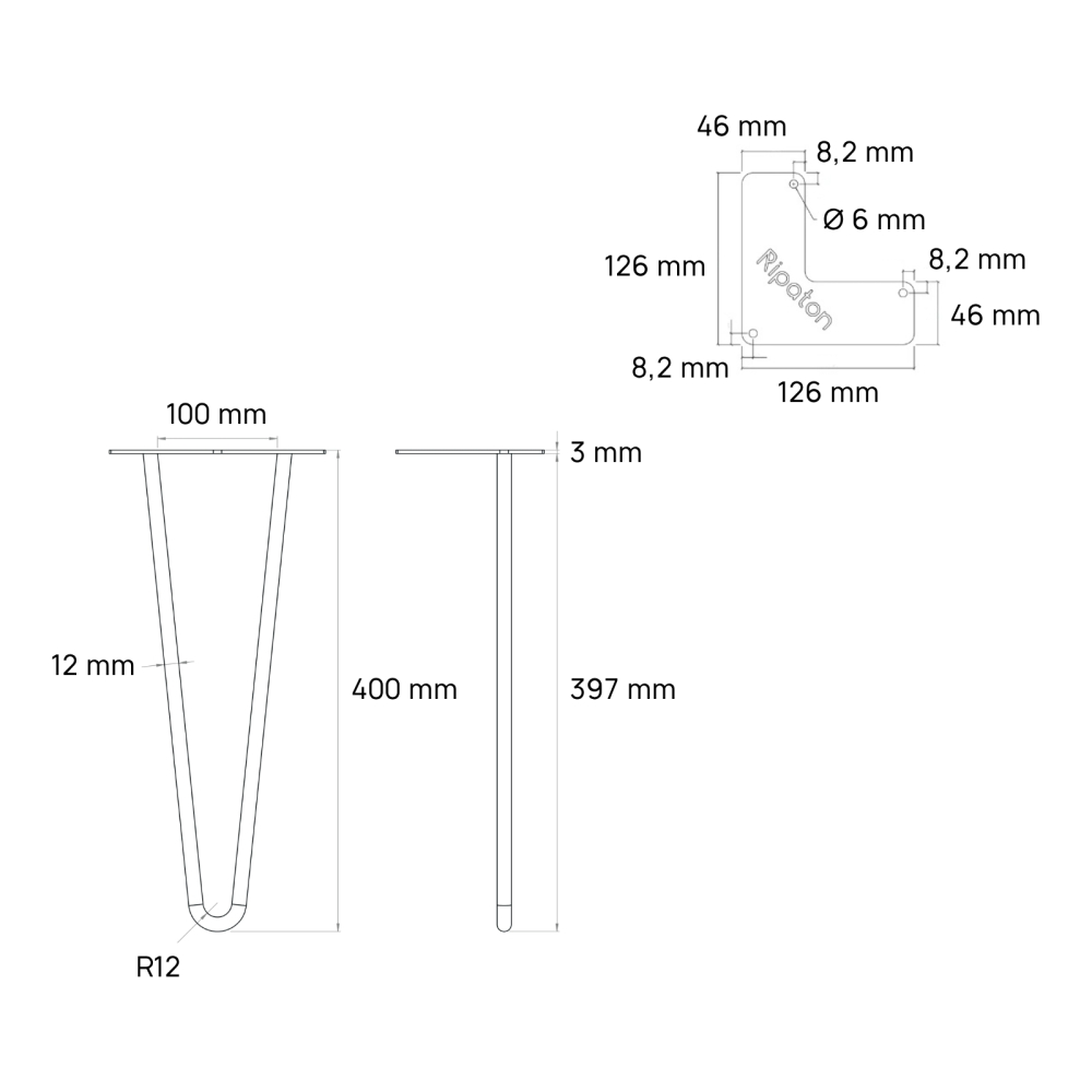 Haarspeld -tafelpoot met 2 poten - Hoogte 40 cm - Afmetingen - Technische tekening