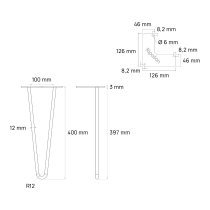 Haarspeld -tafelpoot met 2 poten - Hoogte 40 cm - Afmetingen - Technische tekening