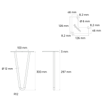 Tischfuß aus „ Haarnabel “ mit 2 Stäben – Höhe 30 cm – Abmessungen – Technische Zeichnung