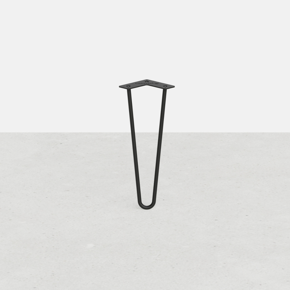 Tischfuß aus „ Haarnabel “ mit 2 Stäben, „ nach mass “: Höhe von 16 bis 115 cm – Hairpin-Leg – Gerades Bein 90° – Mattschwarz