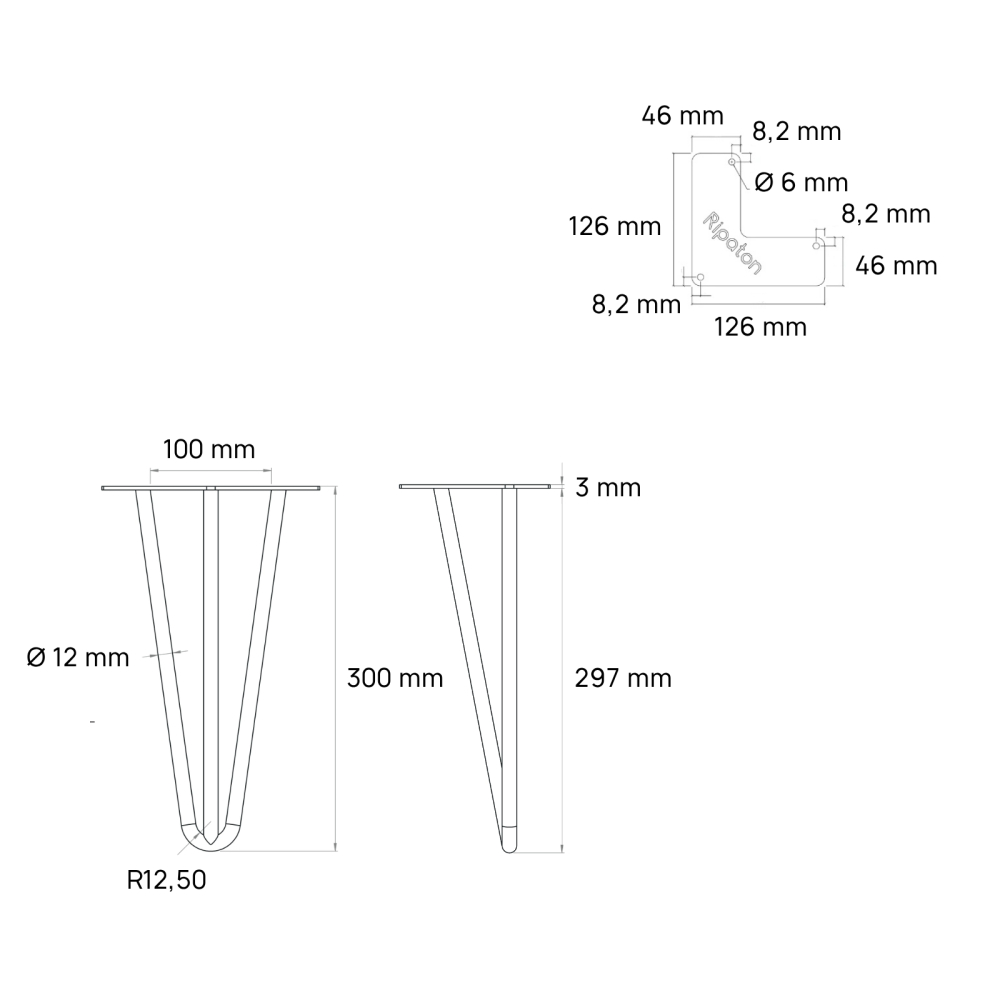 Pied de table en épingle 3 tiges - Hauteur 30 cm - Dimensions - Dessin technique