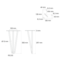 Pied de table en épingle 3 tiges - Hauteur 30 cm - Dimensions - Dessin technique