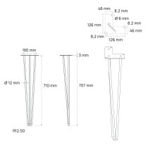 Hairpin, 3-leg table base - Height: 71 cm - Dimensions - Technical drawing