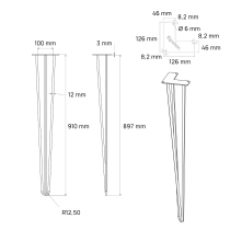 Pied de table en épingle 3 tiges - Hauteur 90 cm - Dimensions - Dessin technique