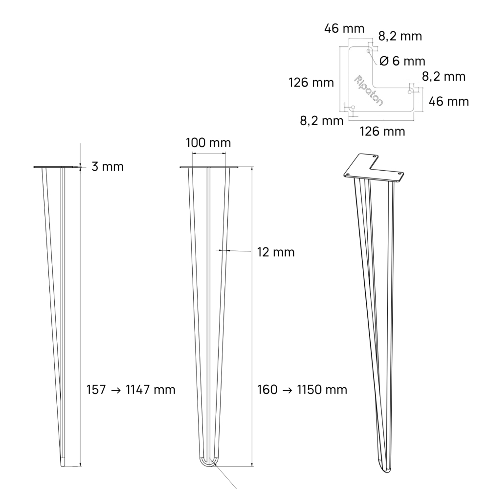 Hairpin, 3-rod table leg, made-to-measure: height from 16 to 115 cm - Dimensions - Technical drawing