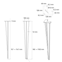 Tischfuß aus 3-teiligem „ Haarnabel “-Gestell, „ nach mass “: Höhe von 16 bis 115 cm – Abmessungen – Technische Zeichnung