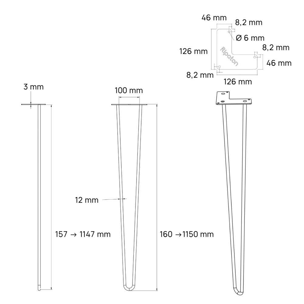 Pied de table en épingle 2 tiges, sur mesure : hauteur de 16 à 115 cm - Pied droit 90° - Dimensions - Dessin technique