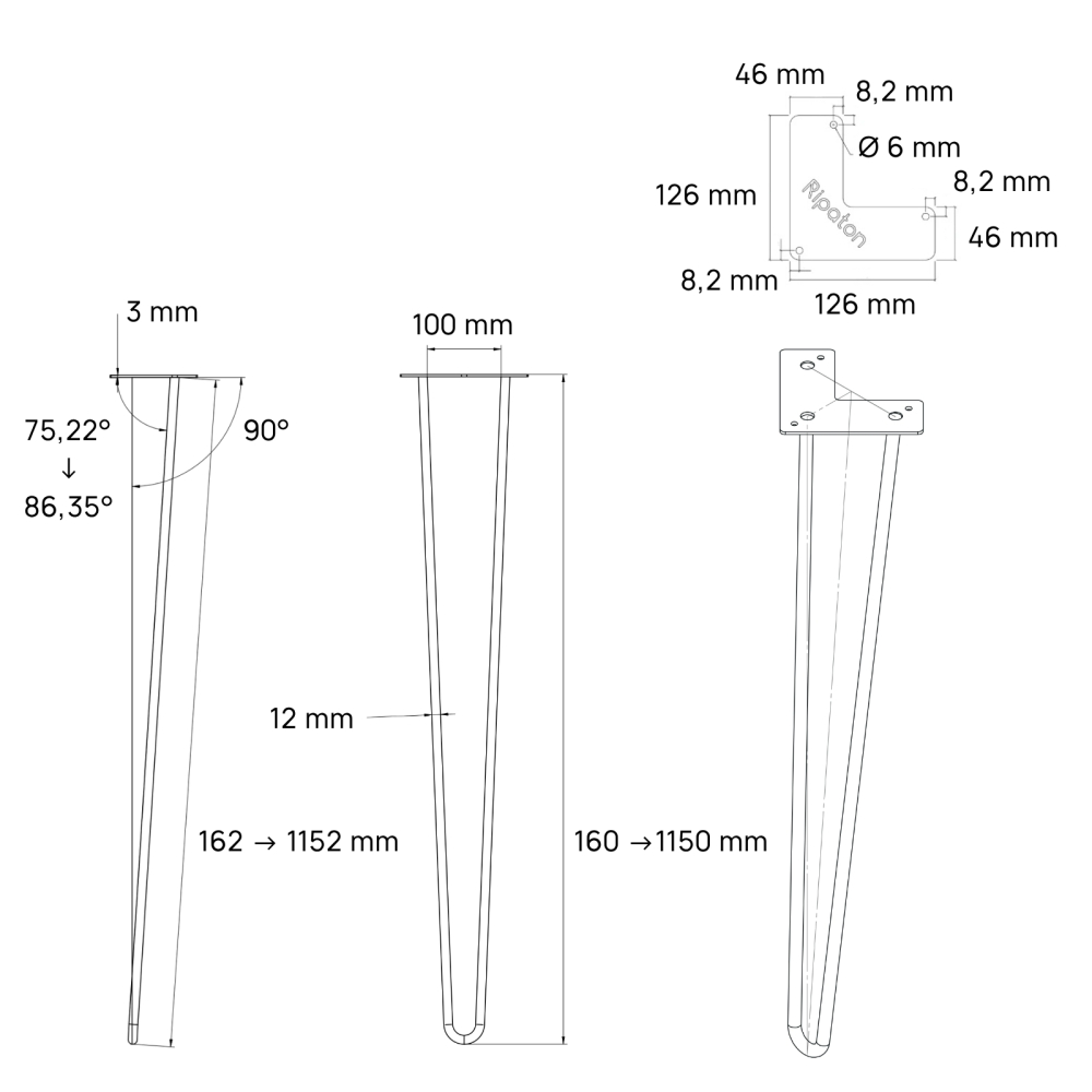 L'Original Made-to-measure                                                                                                                                                                                  Hairpin table legs 2 rods made to measure 16 to 115 cm