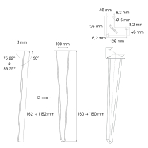 Pied de table en épingle 2 tiges, sur mesure : hauteur de 16 à 115 cm - Pied incliné 75° à 86° - Dimensions - Dessin technique